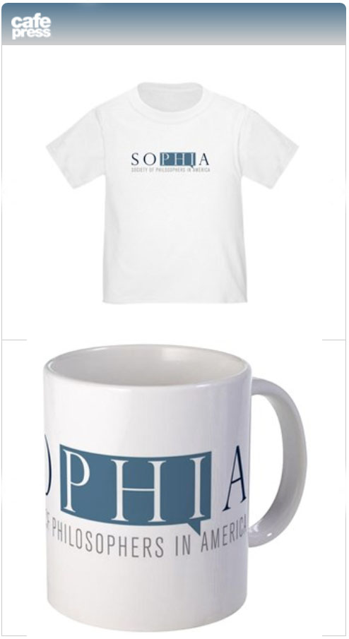 Photo of a t-shirt and a coffee mug featuring SOPHIA's logo, and which can be purchased from CafePress.