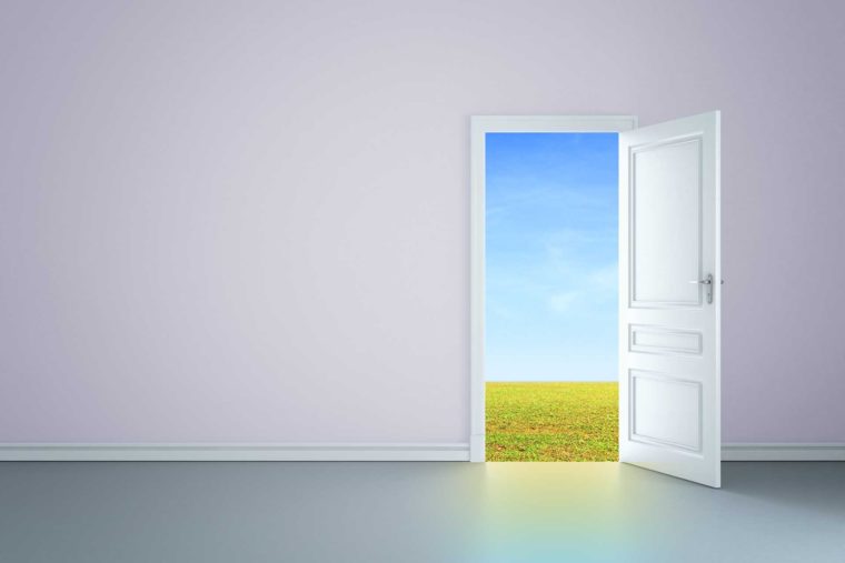 Open door in a white room, looking out on a field on a beautiful day.