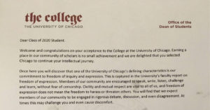 Photo of the letter that the University of Chicago sent incoming students about "trigger warnings."