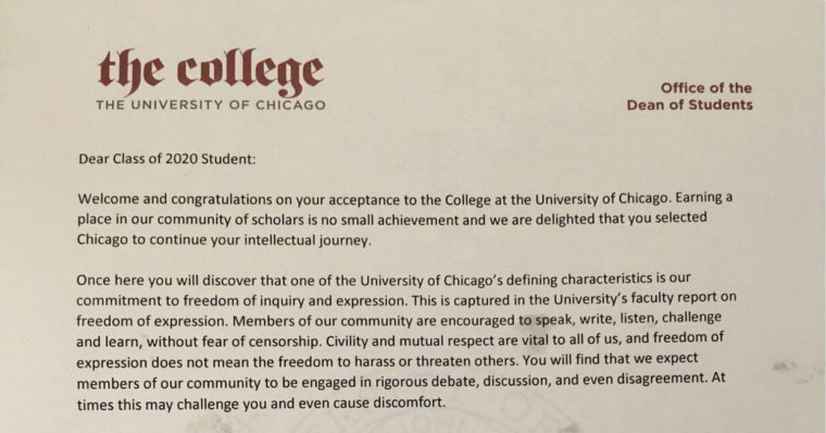 This is a photo of the letter that the University of Chicago sent to incoming students about 'trigger warnings.' Clicking the photo opens a printable PDF file of the letter, with optical character recognition applied.