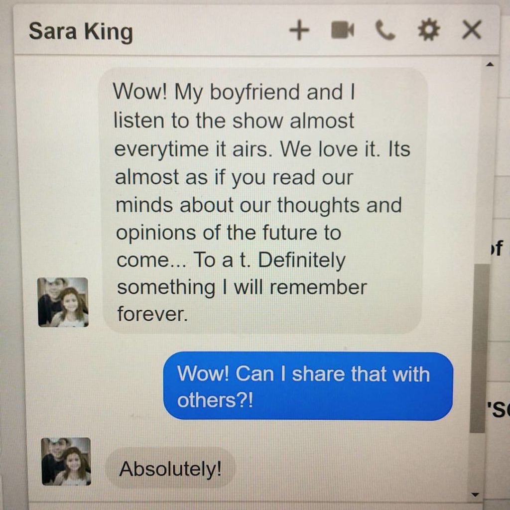 Feedback on Philosophy Bakes Bread from Sara King, who wrote "Wow! My boyfriend and I listen to the show almost everytime it airs. We love it. Its almost as if you read our minds about our thoughts and opinions of the future to come... To a t. Definitely something I will remember forever."