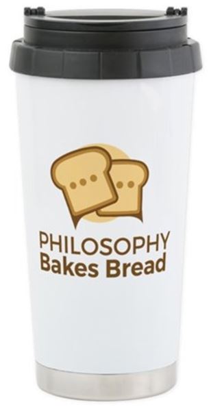 A travel coffee mug featuring the logo of Philosophy Bakes Bread.