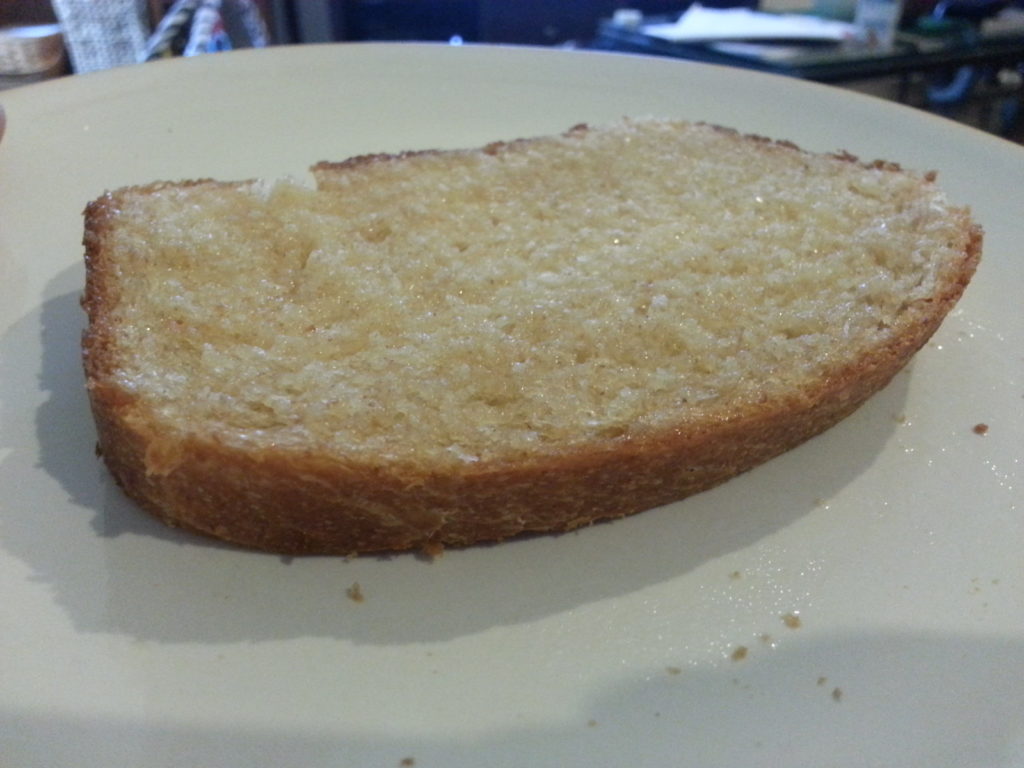 A buttered slice of bread.