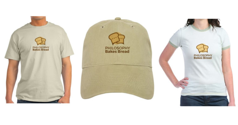 Photo of a men's tshirt, a cap, and a woman's tshirt, each featuring the logo for Philosophy Bakes Bread.