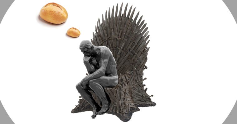 The Thinker, sitting on the iron throne, thinking about how philosophy bakes bread in the Game of Thrones.