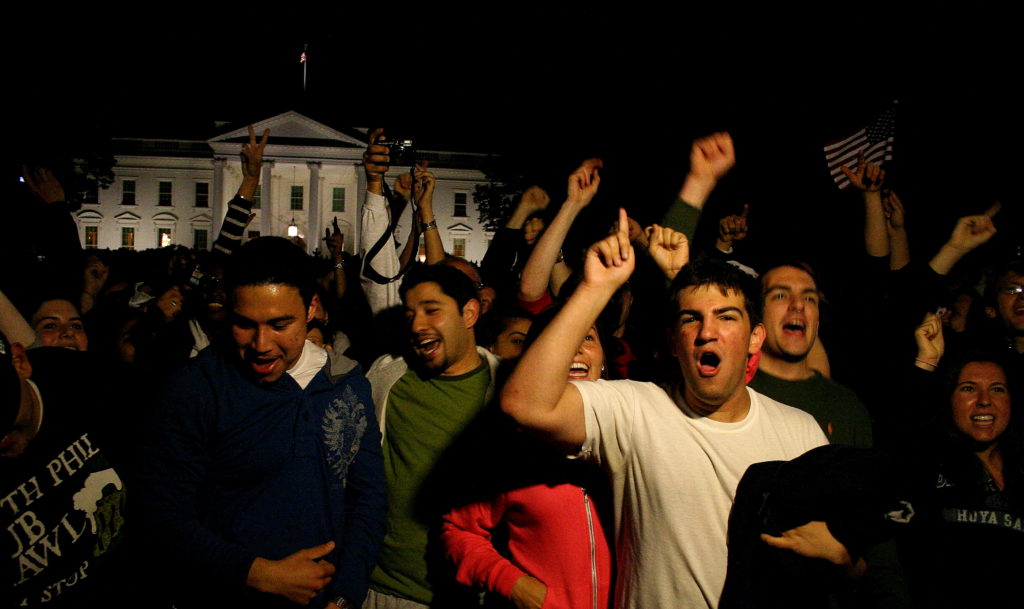 Photo of Washington, D.C. celebration in front of the White House on the day that Osama Bin Laden was killed, 2011.