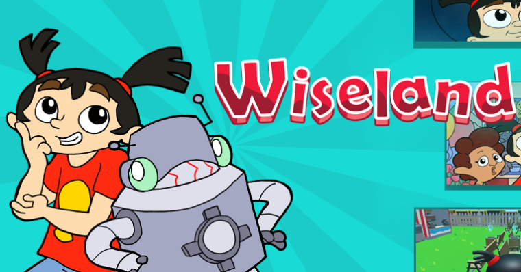 An image featuring Sophie, the heroine of the Think About It series, put out by Red T Media. Next to Sophie is a robot and the word "Wiseland," related to several of Red T Media's projects.