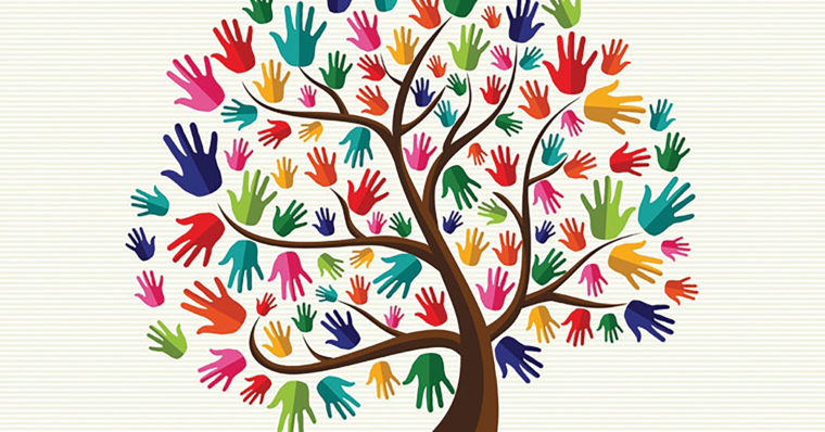 An image of a tree with multicolored hands for leaves.