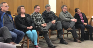 Image of people talking at the South Puget Sound SOPHIA chapter's meeting on Disagreement, on March 5, 2018.
