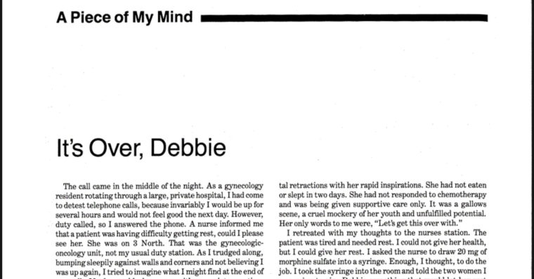 An image of a portion of the piece published in the Journal of the American Medical Association, titled 'It's Over Debbie.' This image links to a printable, searchable (OCR'd) version of this file as a PDF. 