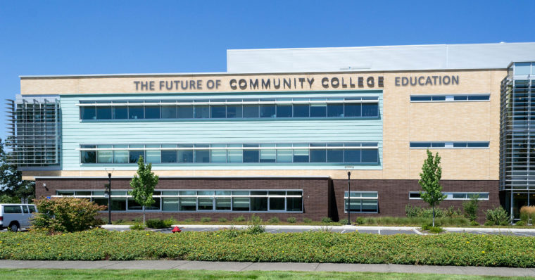 The front of a community college building, on which the words were edited to read: 'The Future of Community College Education.'