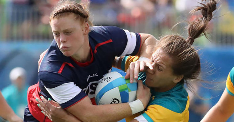 Women in a rugby tackle at the 2016 Olympics.