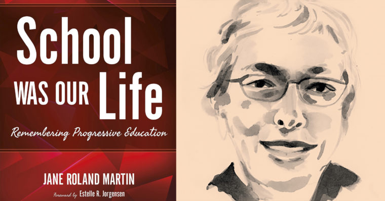 Photo of the cover of Dr. Martin's book, School Was Our Life, next to a black and white artwork of her portrait.