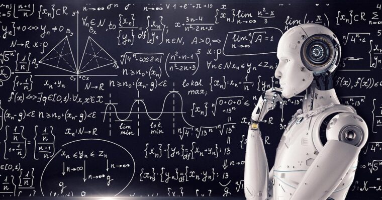 Photo of a robot with hand on chin in front of a background of equations. 